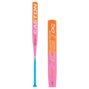 Side view of an orange-to-pink gradient fastpitch softball bat with EASTON and GHOST OG text, and a blue grip.