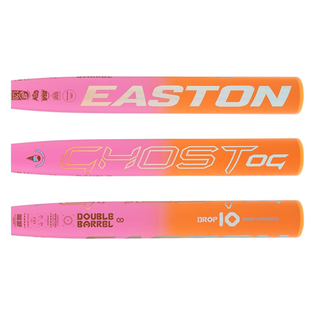 Side view of a pink and orange gradient fastpitch softball bat with EASTON, GHOST OG, and DOUBLE BARREL text.