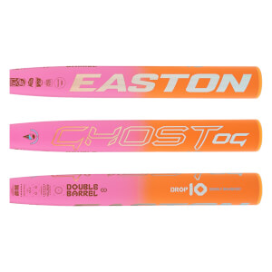 Side view of a pink and orange gradient fastpitch softball bat with EASTON, GHOST OG, and DOUBLE BARREL text.