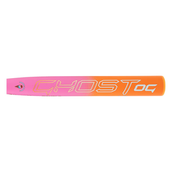 Side view of a pink-to-orange gradient fastpitch softball bat barrel with GHOST OG text and an eye logo.