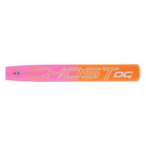 Side view of a pink-to-orange gradient fastpitch softball bat barrel with GHOST OG text and an eye logo.