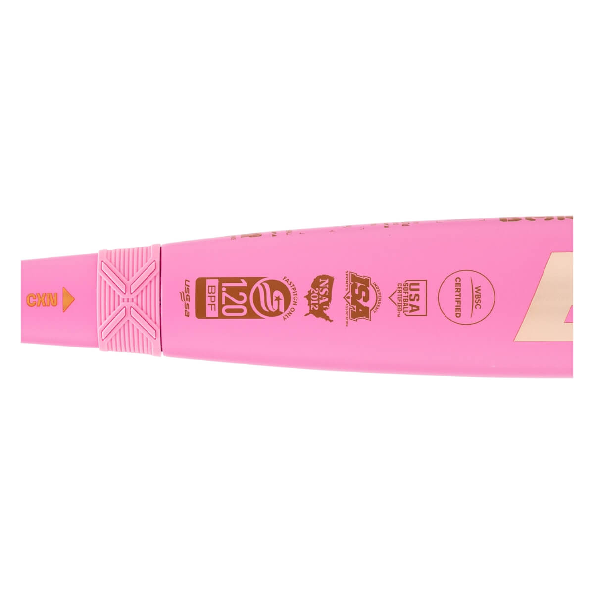 Close-up side view of a pink fastpitch softball bat with a textured pink CXN connection piece and multiple black certification stamps.