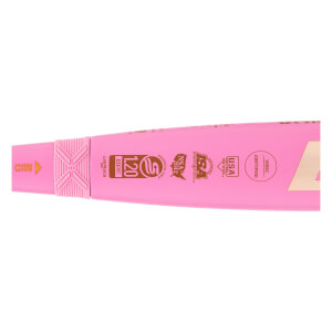 Close-up side view of a pink fastpitch softball bat with a textured pink CXN connection piece and multiple black certification stamps.