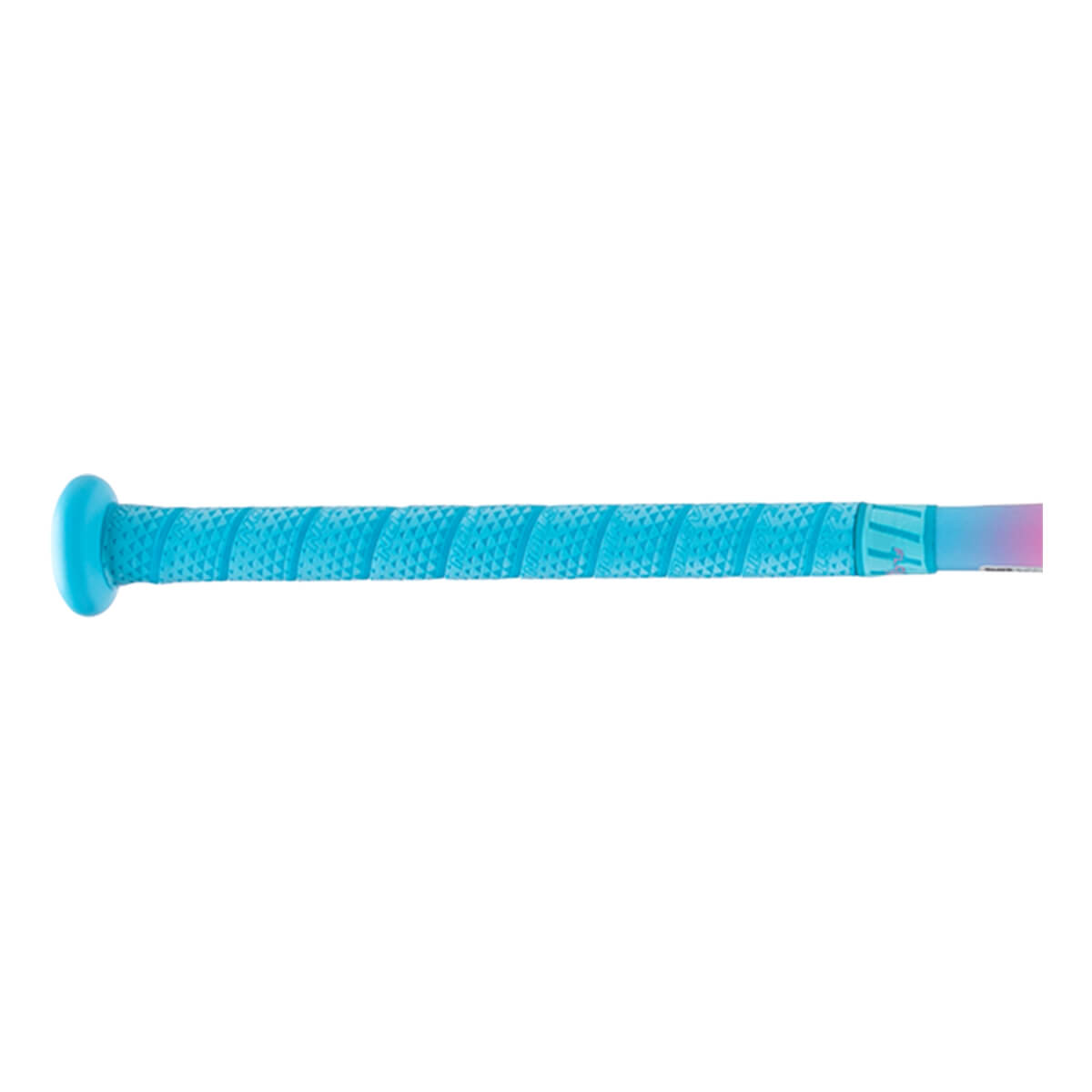 Side view of a blue fastpitch bat handle with a textured grip, blue knob, and rainbow gradient end.