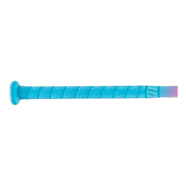 Side view of a blue fastpitch bat handle with a textured grip, blue knob, and rainbow gradient end.