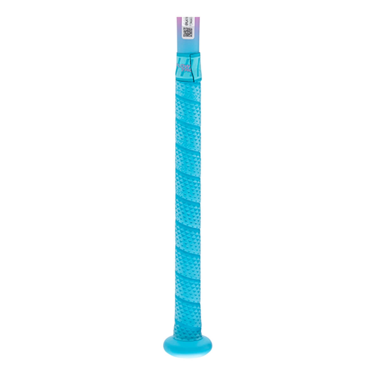Close-up of an aqua bat handle with a textured spiral grip and a matching knob.