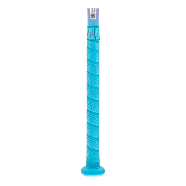 Close-up of an aqua bat handle with a textured spiral grip and a matching knob.