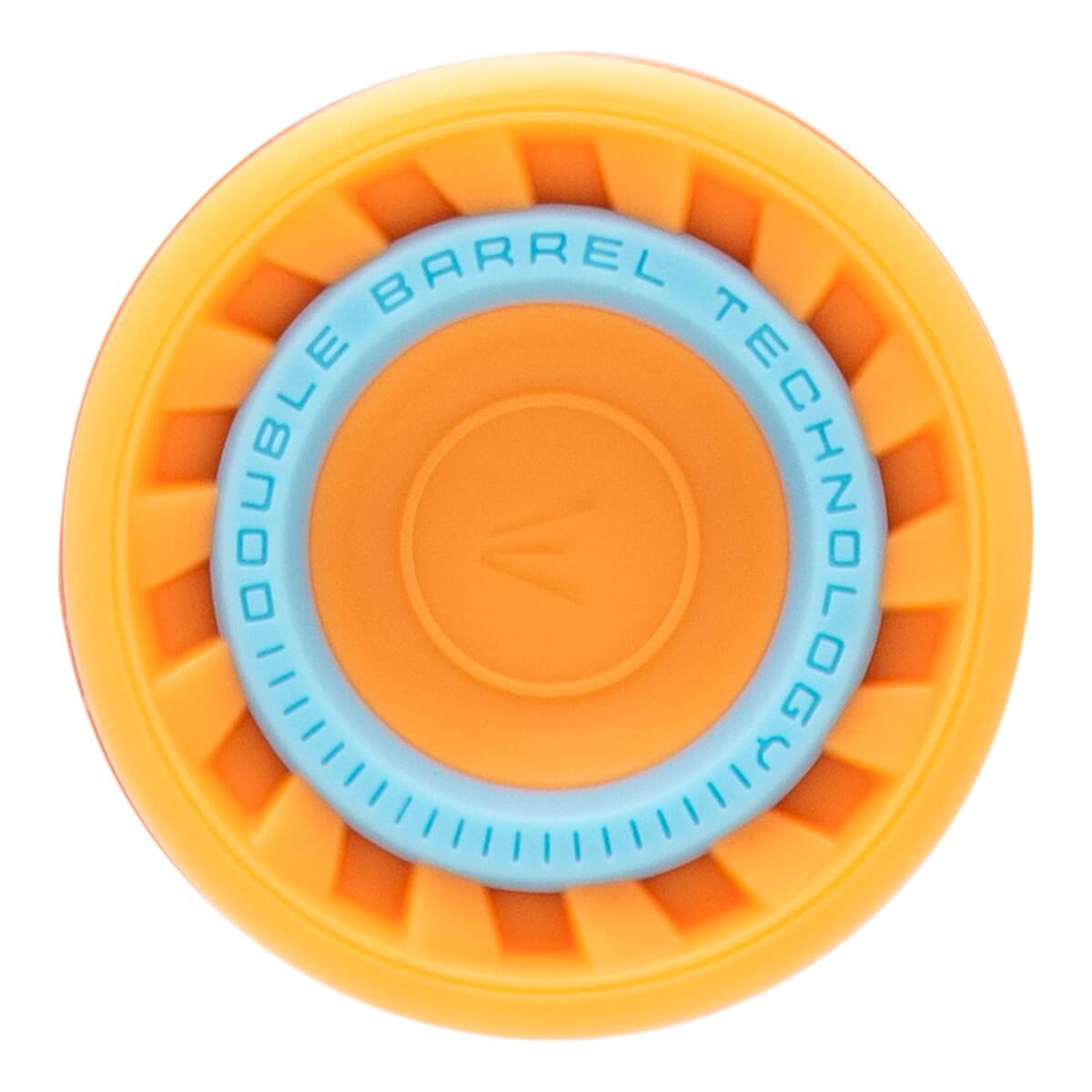 Top-down view of an orange bat end cap with a light blue ring displaying DOUBLE BARREL TECHNOLOGY and an Easton logo.