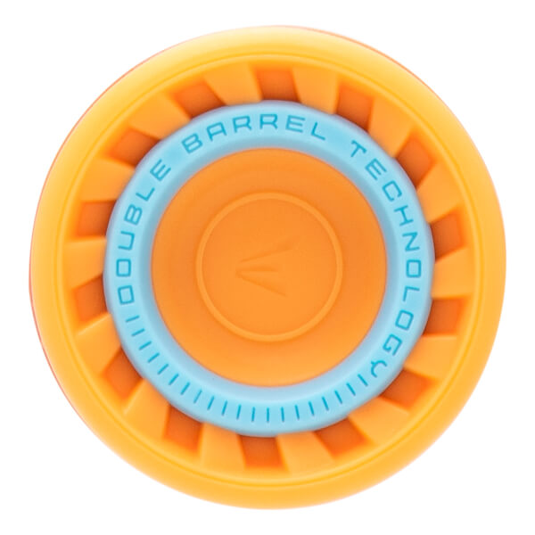 Top-down view of an orange bat end cap with a light blue ring displaying DOUBLE BARREL TECHNOLOGY and an Easton logo.