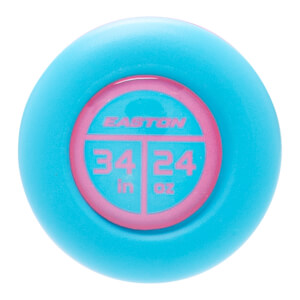 Top-down view of a turquoise bat end cap with a pink inner circle displaying EASTON, 34 in, and 24 oz.