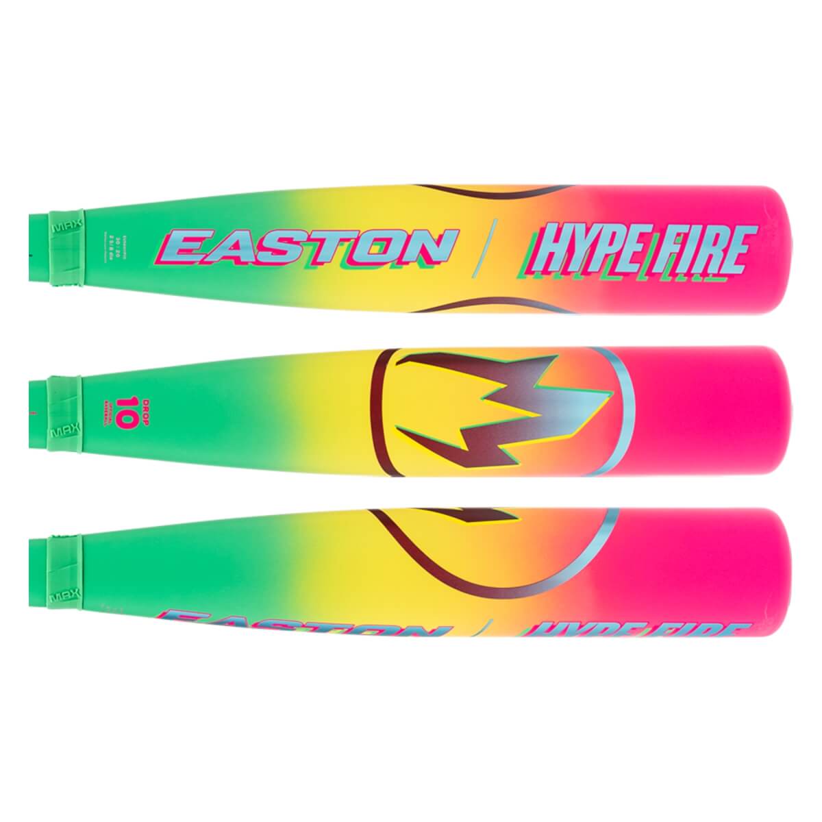 Multiple side views of a gradient green, yellow, pink baseball bat with EASTON HYPE FIRE text and a lightning bolt logo.