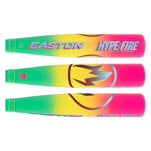 Multiple side views of a gradient green, yellow, pink baseball bat with EASTON HYPE FIRE text and a lightning bolt logo.