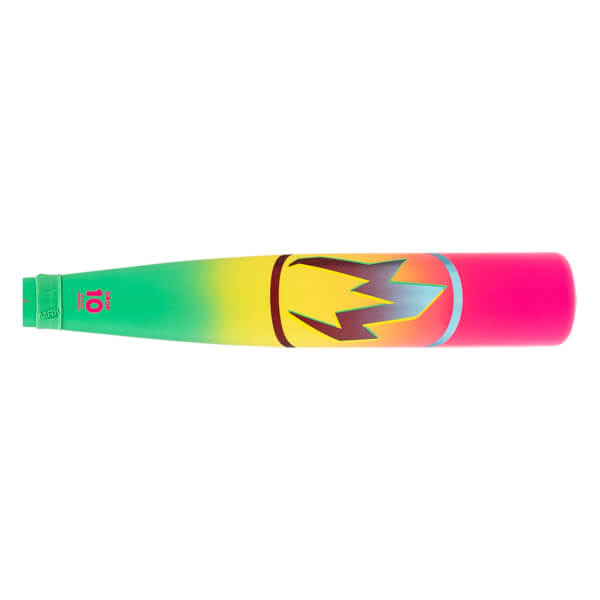 Side view of a multi-color baseball bat with a green-to-pink gradient, a large lightning bolt graphic, and a pink 10 near the handle.
