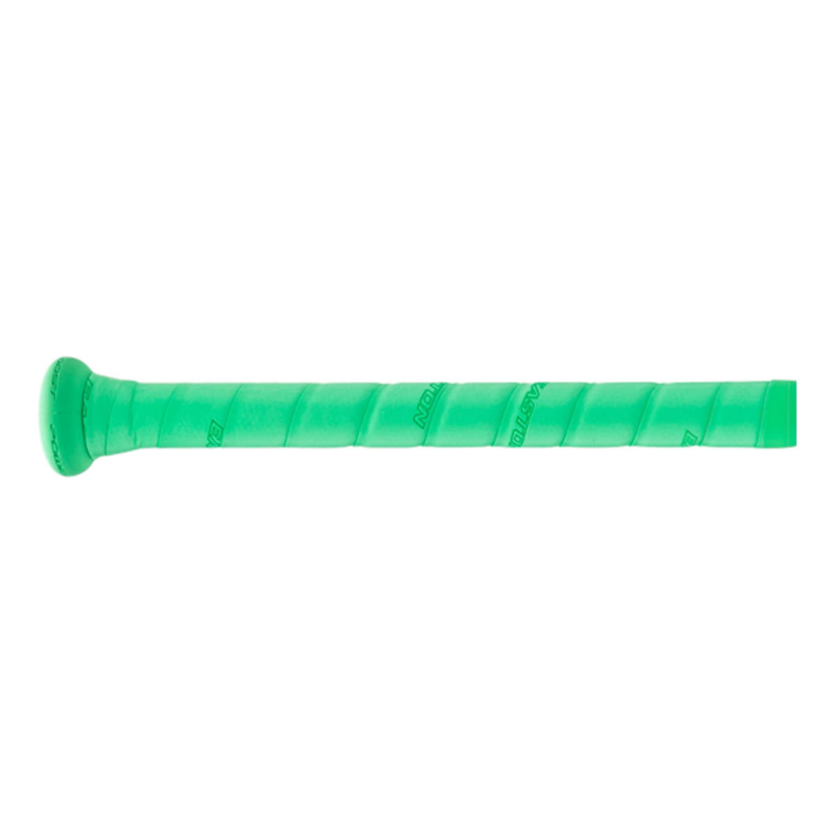 Close-up of a bright green baseball bat grip with a spiral wrap, knob, and EASTON branding.
