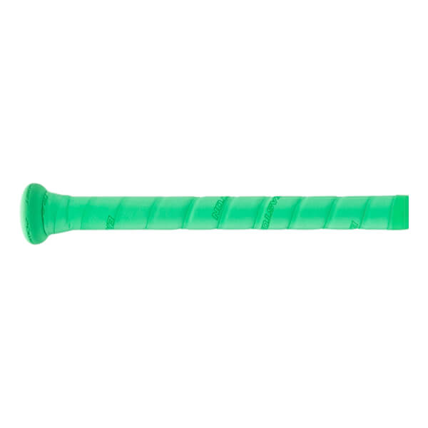 Close-up of a bright green baseball bat grip with a spiral wrap, knob, and EASTON branding.