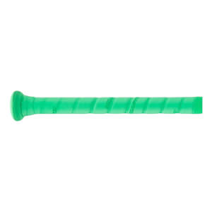 Close-up of a bright green baseball bat grip with a spiral wrap, knob, and EASTON branding.