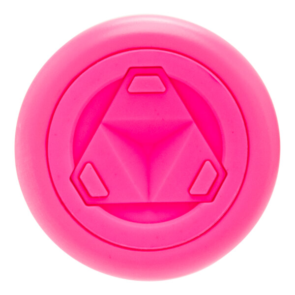 Top-down view of a hot pink baseball bat end cap with a raised triangular design and three hexagonal shapes.