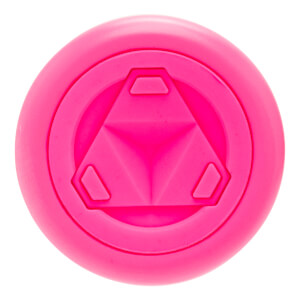 Top-down view of a hot pink baseball bat end cap with a raised triangular design and three hexagonal shapes.