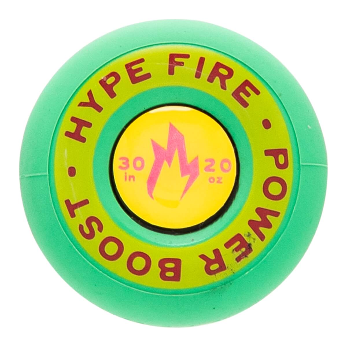 Top-down view of a mint green bat end cap with red HYPE FIRE POWER BOOST text and a yellow button showing 30 in 20 oz.