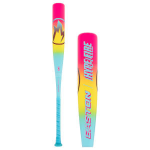 Full view and barrel close-up of a pink, yellow, and blue gradient baseball bat with HYPE!FIRE! and Easton branding.