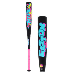 Side view of a black baseball bat with "HYPÎ•" in large blue and pink letters, "EASTON" vertically, and a pink grip.