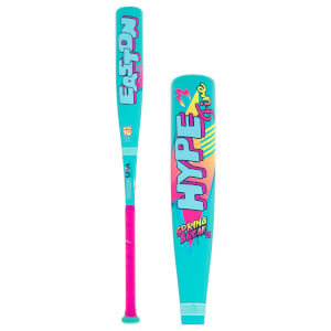 Side view of a teal Easton baseball bat with a hot pink grip and vibrant HYPE Fire Spring Break barrel graphics.
