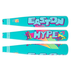 Multiple views of a teal baseball bat barrel featuring EASTON and HYPE Fire in light blue and pink, with vibrant abstract graphics.