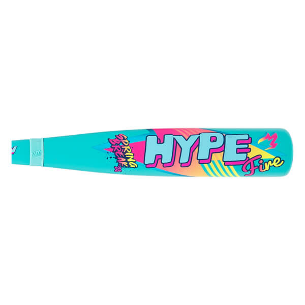 Side view of a teal baseball bat featuring large HYPE Fire text and Spring Break in a vibrant pink, blue, and yellow design.