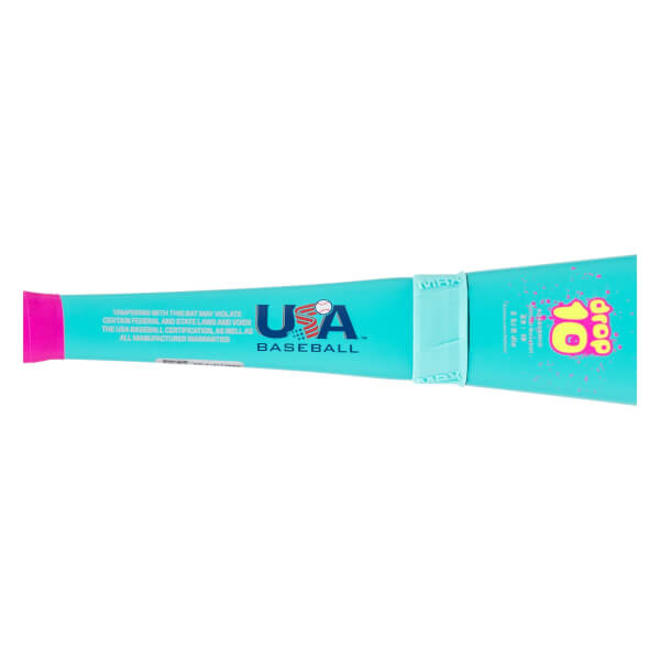 Side view of a teal baseball bat with a pink end cap, a USA Baseball logo, and a vibrant pink and yellow drop 10 graphic.