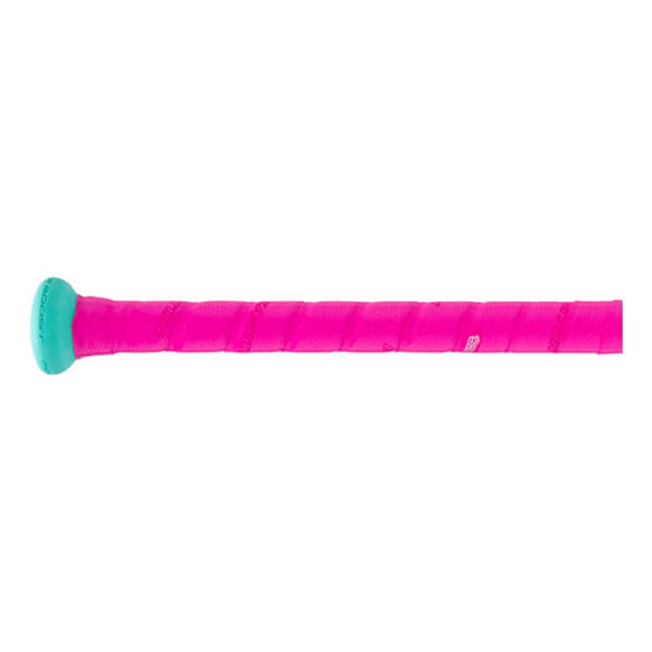 Close-up side view of a hot pink baseball bat handle with spiraled grip tape and a teal knob with EASTON text.