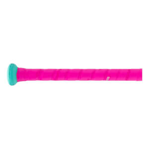 Close-up side view of a hot pink baseball bat handle with spiraled grip tape and a teal knob with EASTON text.