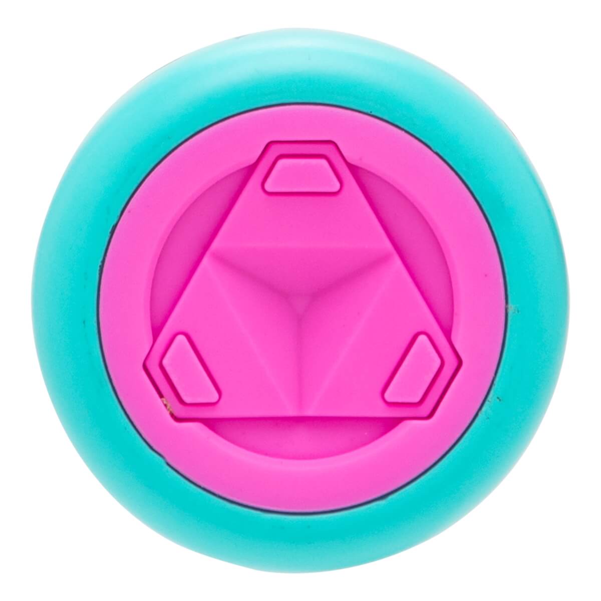 Top-down view of a teal and pink bat end cap with a central raised triangular design and three small hexagonal shapes.
