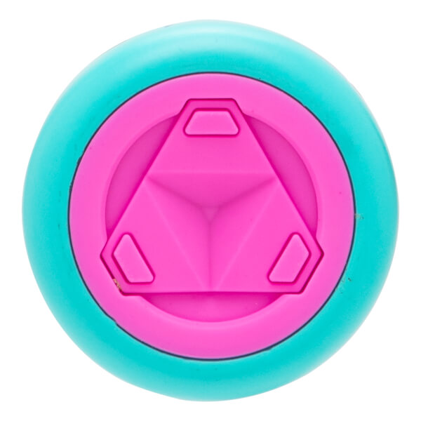 Top-down view of a teal and pink bat end cap with a central raised triangular design and three small hexagonal shapes.