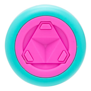 Top-down view of a teal and pink bat end cap with a central raised triangular design and three small hexagonal shapes.