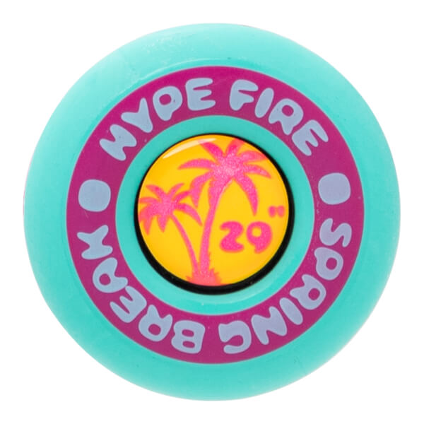 End cap view of a teal baseball bat with a magenta ring displaying HYPE FIRE SPRING BREAK and a yellow center with pink palm trees and 29