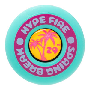 End cap view of a teal baseball bat with a magenta ring displaying HYPE FIRE SPRING BREAK and a yellow center with pink palm trees and 29