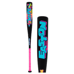 Front view of a black baseball bat with "HYPER" in large, colorful letters and "EASTON" on the handle.