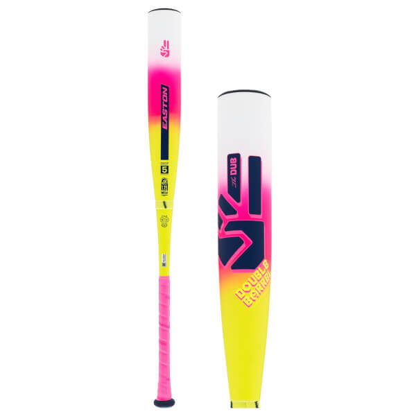 Full view of a white, pink, and yellow gradient baseball bat with EASTON logo, THE DUB graphic, and pink grip.