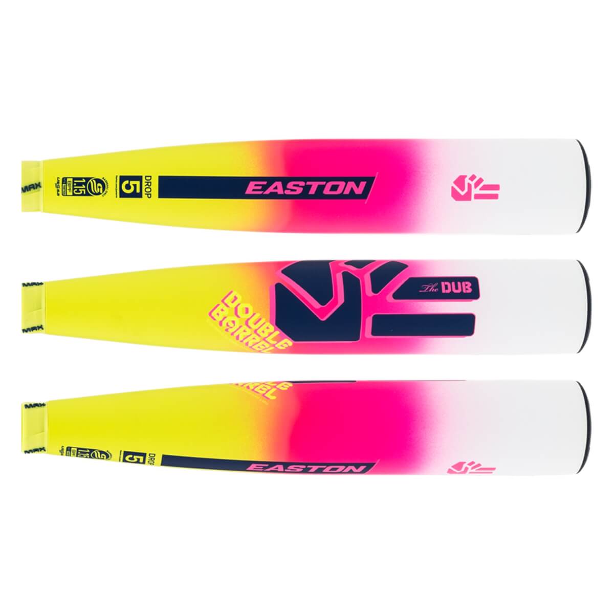 Layout view of a yellow, pink, and white baseball bat showing EASTON logo, THE DUB text, and USSSA stamp.