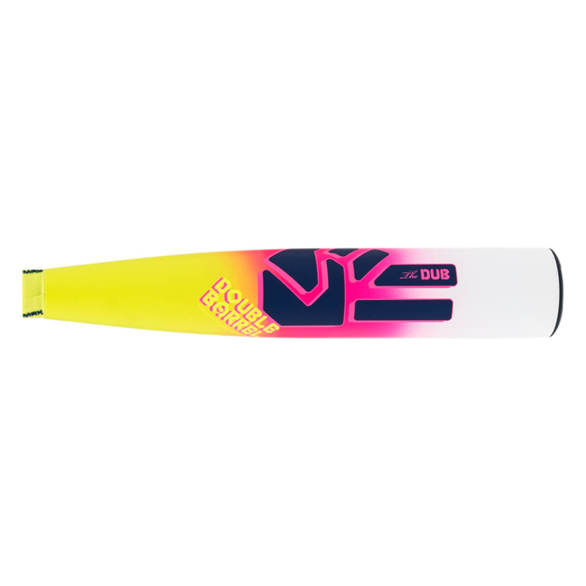 Side view of a yellow, pink, and white baseball bat with dark blue graphics and DOUBLE BARREL and THE DUB text.