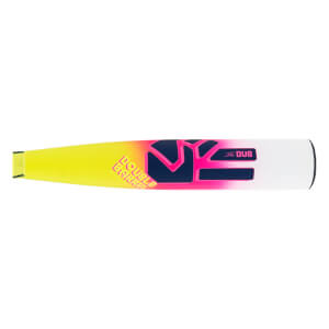 Side view of a yellow, pink, and white baseball bat with dark blue graphics and DOUBLE BARREL and THE DUB text.