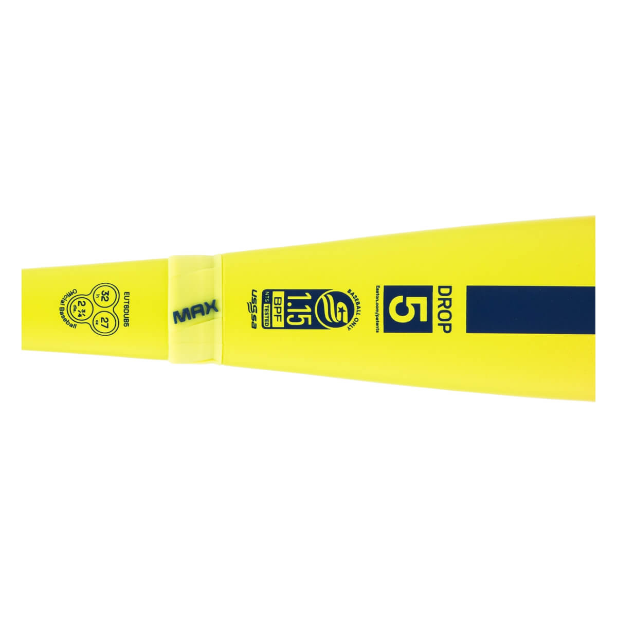 Side view of a yellow baseball bat with MAX on the connection, USSSA 1.15 BPF stamp, and DROP 5 text.