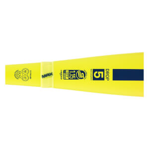 Side view of a yellow baseball bat with MAX on the connection, USSSA 1.15 BPF stamp, and DROP 5 text.