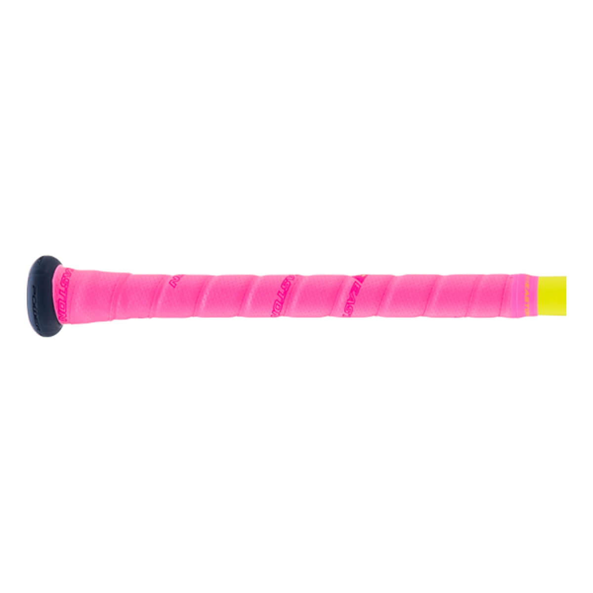 Side view of a pink baseball bat handle with a spiral-wrapped grip, black knob, and yellow accent band with Easton branding.