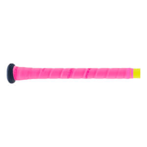 Side view of a pink baseball bat handle with a spiral-wrapped grip, black knob, and yellow accent band with Easton branding.