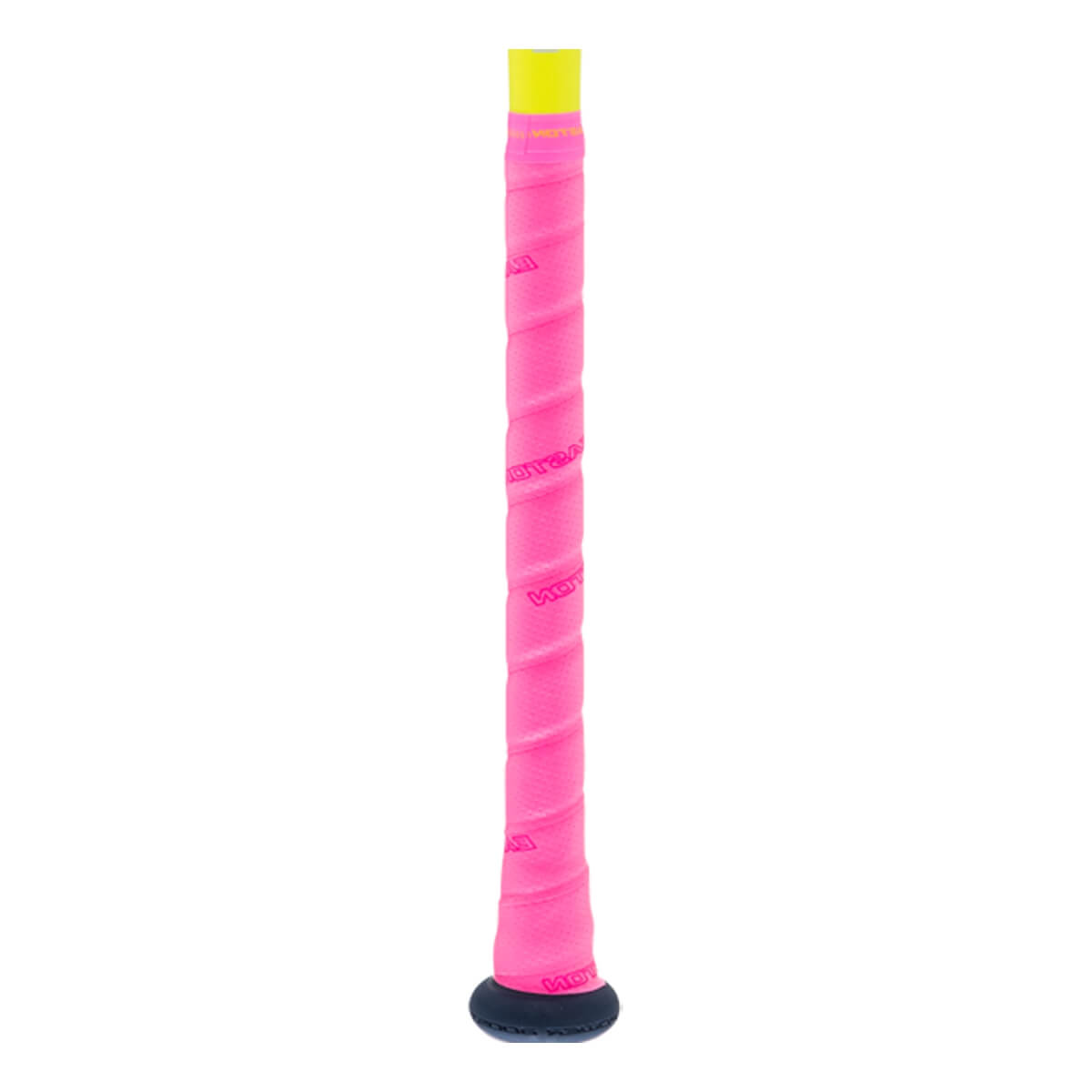 Close-up of a pink, yellow, and dark blue baseball bat handle with a spiral grip, yellow tape, and EASTON branding.