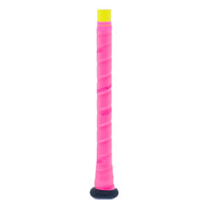 Close-up of a pink, yellow, and dark blue baseball bat handle with a spiral grip, yellow tape, and EASTON branding.