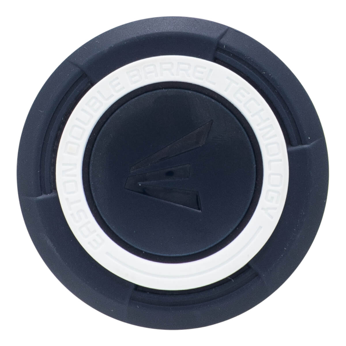 Top-down close-up of a navy blue bat end cap with a white ring, Easton logo, and EASTON DOUBLE BARREL TECHNOLOGY text.