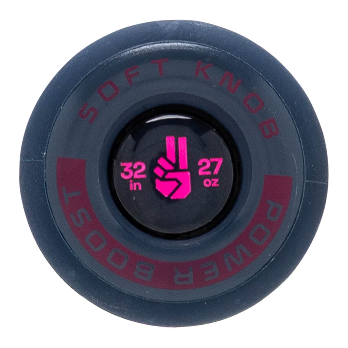 Top-down view of a dark blue bat knob with pink SOFT KNOB POWER BOOST text and a central pink peace sign with 32 in 27 oz.