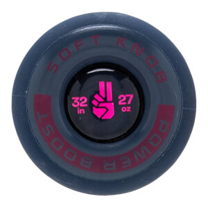 Top-down view of a dark blue bat knob with pink SOFT KNOB POWER BOOST text and a central pink peace sign with 32 in 27 oz.